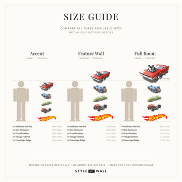 Hot Wheels Hot Rod Heroes Wall Sticker Decals: size guide, every size shown to scale beside a child