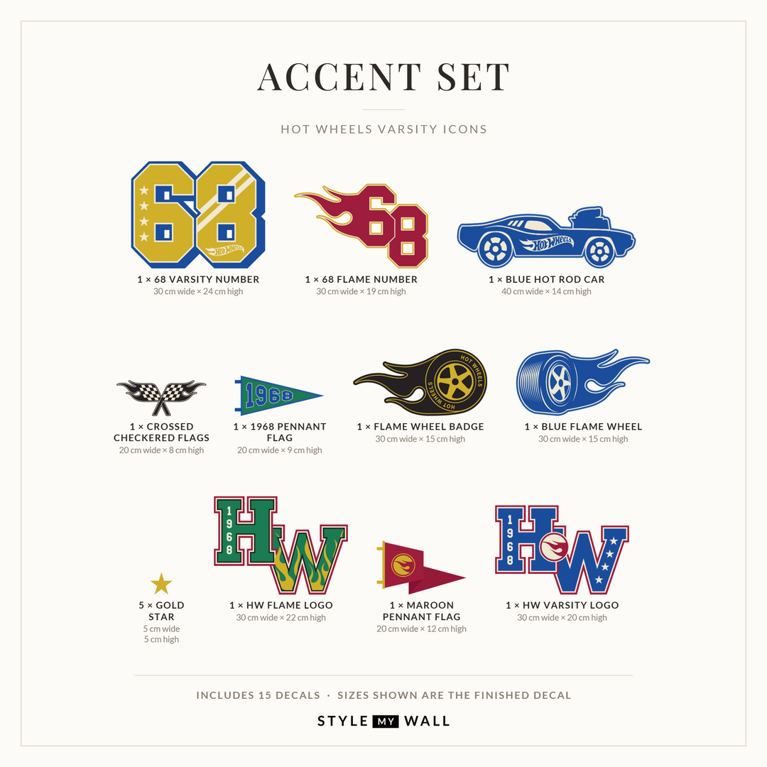 Hot Wheels Varsity Icons Wall Sticker Decals: Accent Set sizes