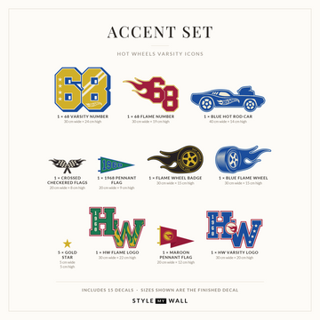 Hot Wheels Varsity Icons Wall Sticker Decals: Accent Set sizes