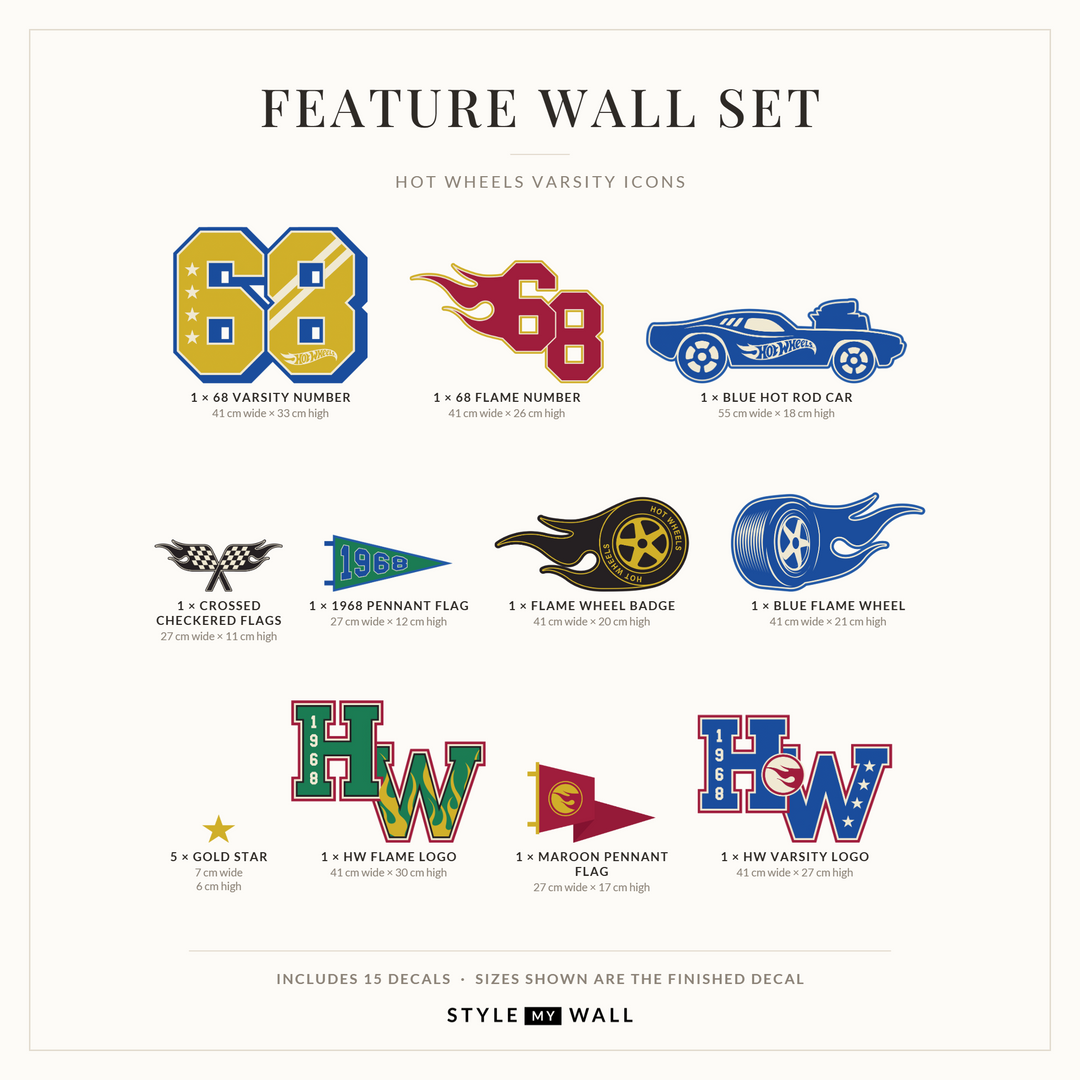 Hot Wheels Varsity Icons Wall Sticker Decals: Feature Wall Set sizes