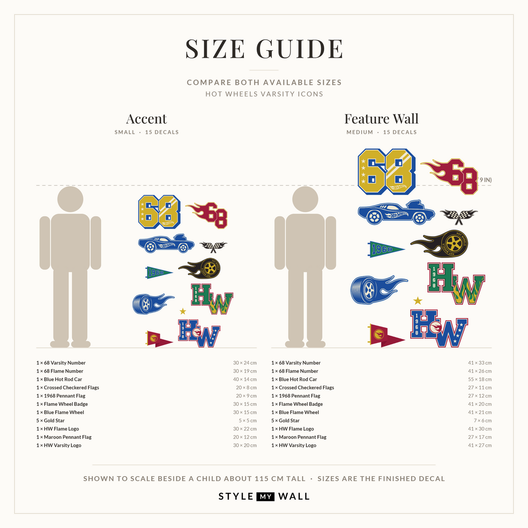 Hot Wheels Varsity Icons Wall Sticker Decals: size guide, every size shown to scale beside a child