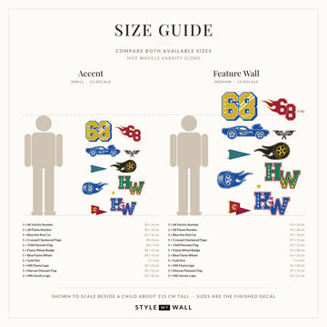 Hot Wheels Varsity Icons Wall Sticker Decals: size guide, every size shown to scale beside a child