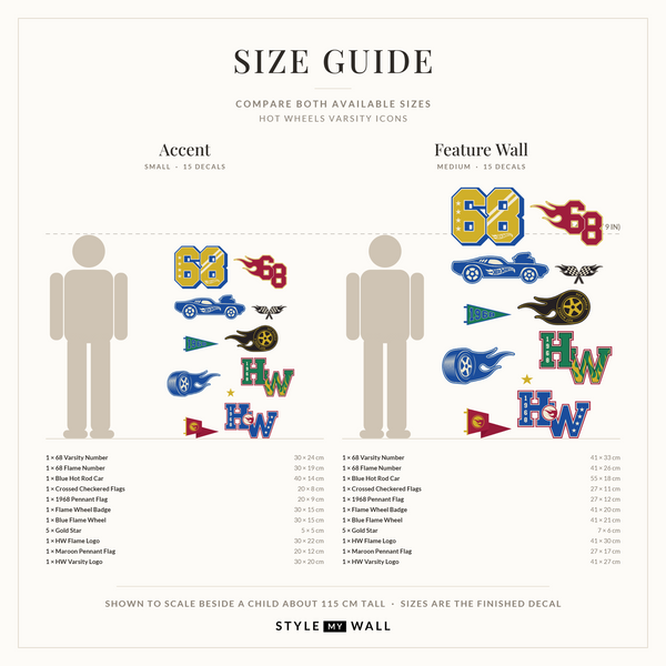 Hot Wheels Varsity Icons Wall Sticker Decals: size guide, every size shown to scale beside a child
