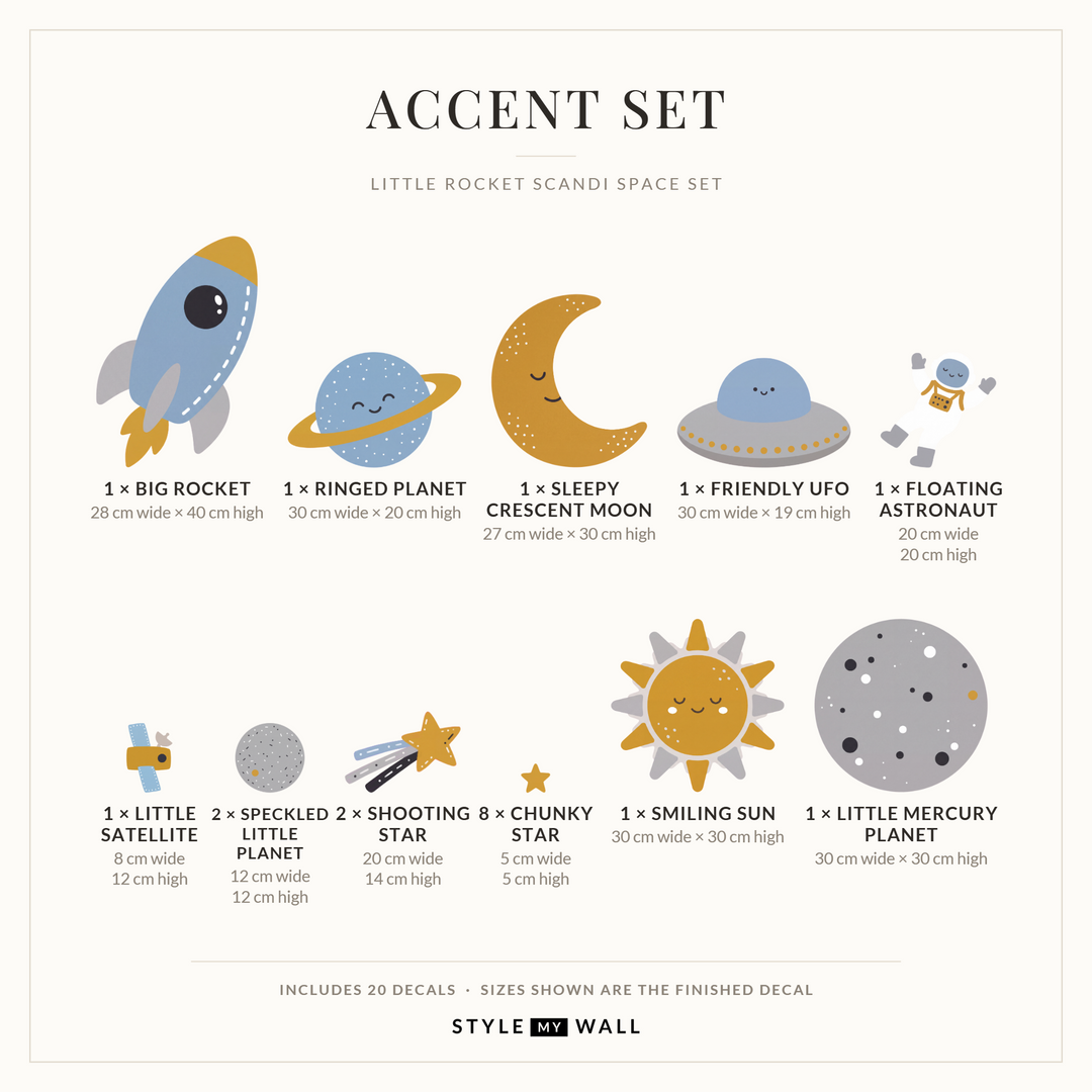 Little Rocket Scandi Space Set Wall Sticker Decals: Accent Set sizes