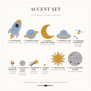 Little Rocket Scandi Space Set Wall Sticker Decals: Accent Set sizes