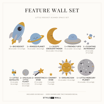 Little Rocket Scandi Space Set Wall Sticker Decals: Feature Wall Set sizes