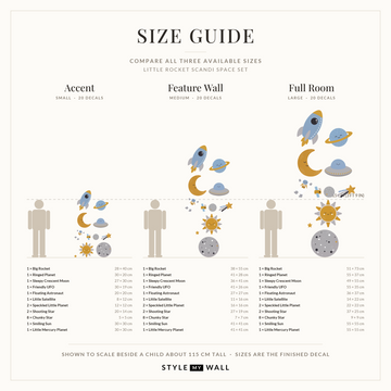 Little Rocket Scandi Space Set Wall Sticker Decals: size guide, every size shown to scale beside a child