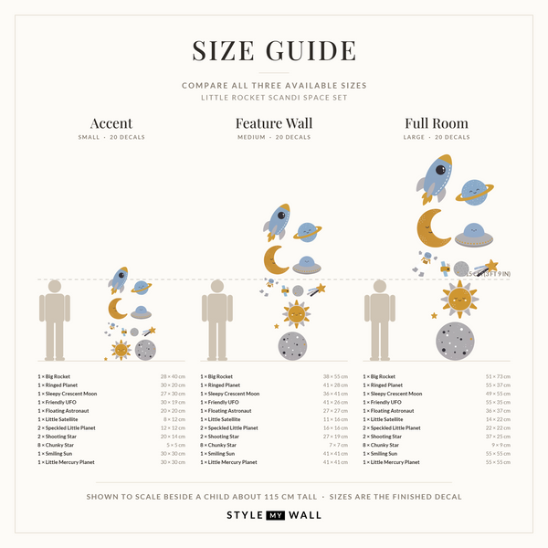 Little Rocket Scandi Space Set Wall Sticker Decals: size guide, every size shown to scale beside a child