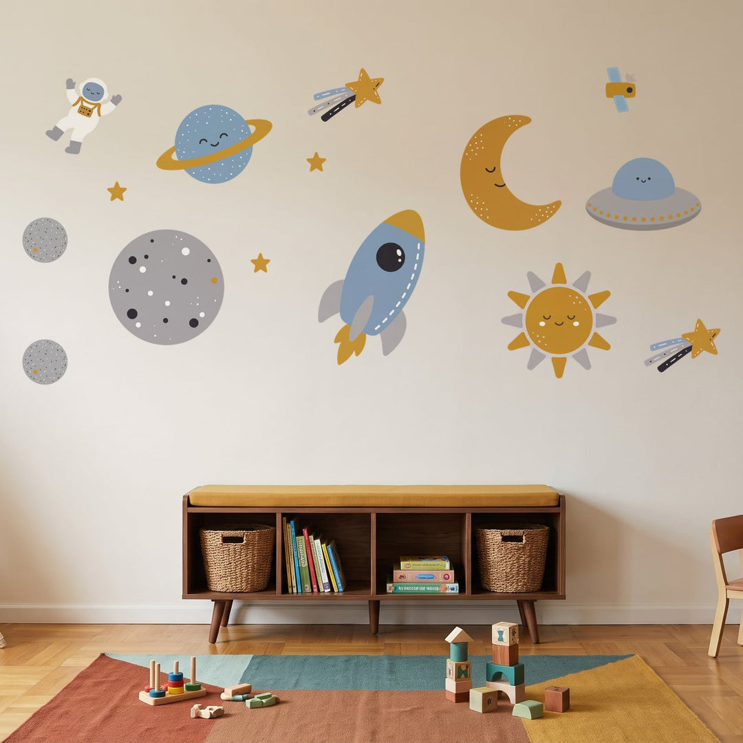 Little Rocket Scandi Space Set Wall Sticker Decals wall decals on a playroom wall (Feature Wall (Medium) size)