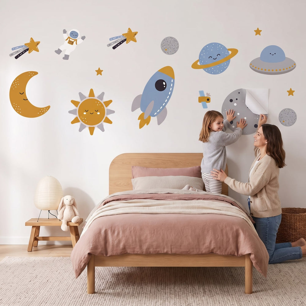 Little Rocket Scandi Space Set Wall Sticker Decals wall decals: a girl and her mum putting the decals up in a girl's bedroom