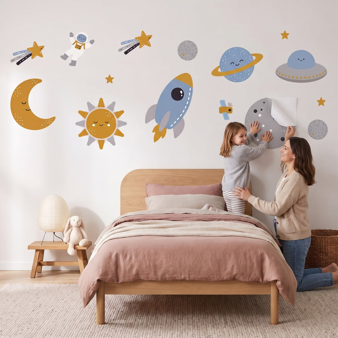 Little Rocket Scandi Space Set Wall Sticker Decals wall decals: a girl and her mum putting the decals up in a girl's bedroom
