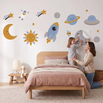 Little Rocket Scandi Space Set Wall Sticker Decals wall decals: a girl and her mum putting the decals up in a girl's bedroom