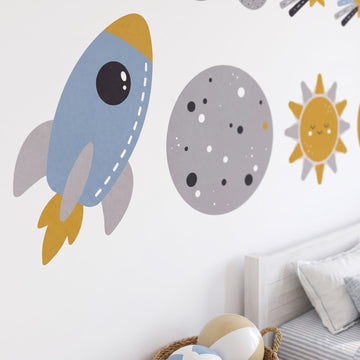 Little Rocket Scandi Space Set Wall Sticker Decals wall decals: a close-up of the decals from one side in a boy's bedroom