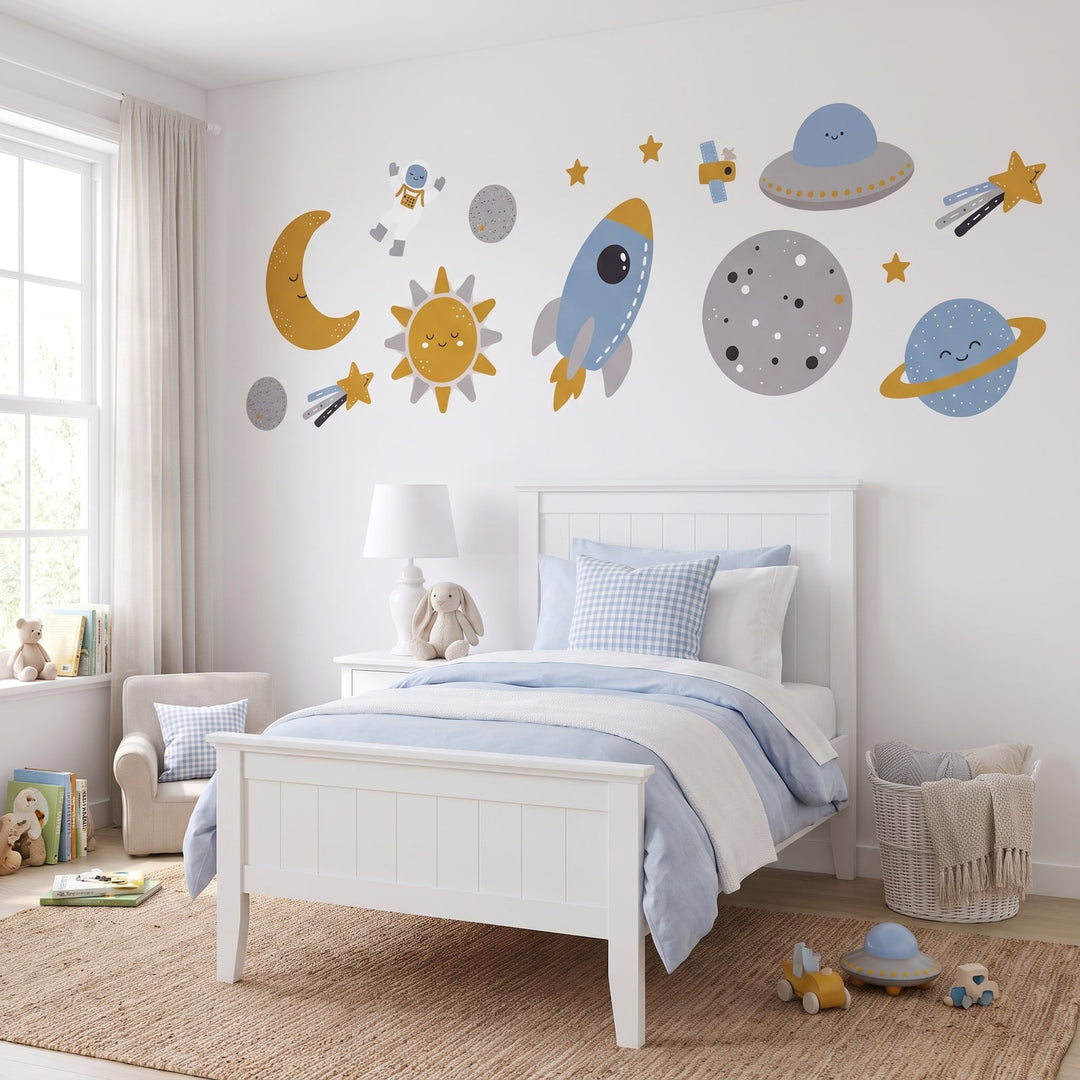Little Rocket Scandi Space Set Wall Sticker Decals wall decals: the whole room from a corner in a girl's bedroom