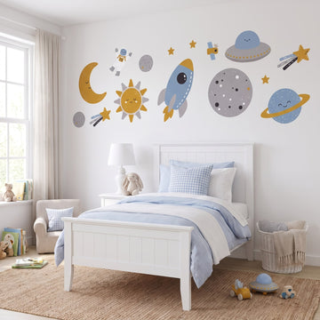 Little Rocket Scandi Space Set Wall Sticker Decals wall decals: the whole room from a corner in a girl's bedroom