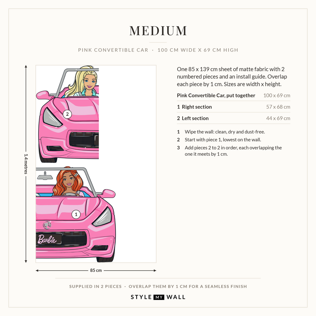Barbie Dream Car Wall Sticker Decals: Medium supplied in 2 pieces that overlap by 1 cm