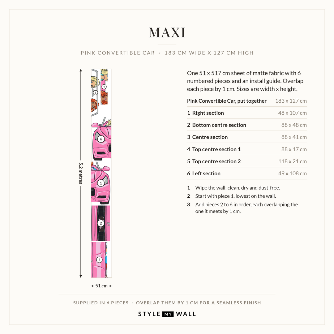 Barbie Dream Car Wall Sticker Decals: Maxi supplied in 6 pieces that overlap by 1 cm