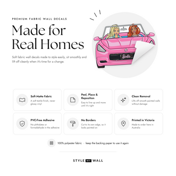 Barbie Dream Car Wall Sticker Decals: soft matte fabric wall decals that peel, stick and reposition, printed in Victoria