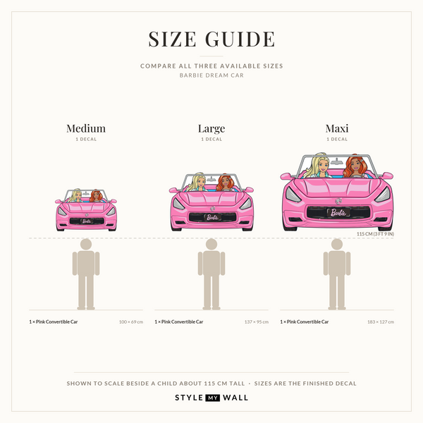 Barbie Dream Car Wall Sticker Decals: size guide, every size shown to scale beside a child