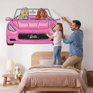 Barbie Dream Car Wall Sticker Decals wall decals: a girl and her dad putting the decals up in a girl's bedroom