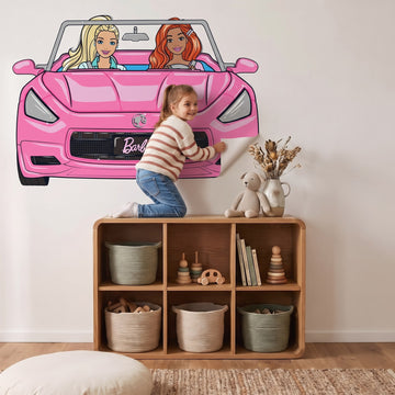 Barbie Dream Car Wall Sticker Decals wall decals: a girl putting the decals up in a kids' room