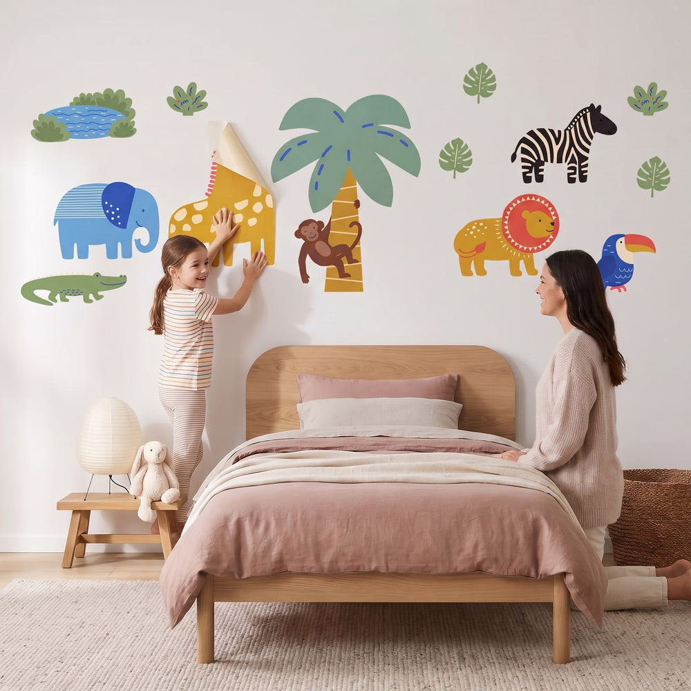 Cut Paper Safari Set Wall Sticker Decals wall decals: a girl and her mum putting the decals up in a girl's bedroom