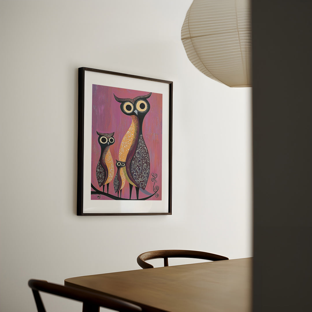 Owl Oil Illustration Kids Prints,diningroom,timber border