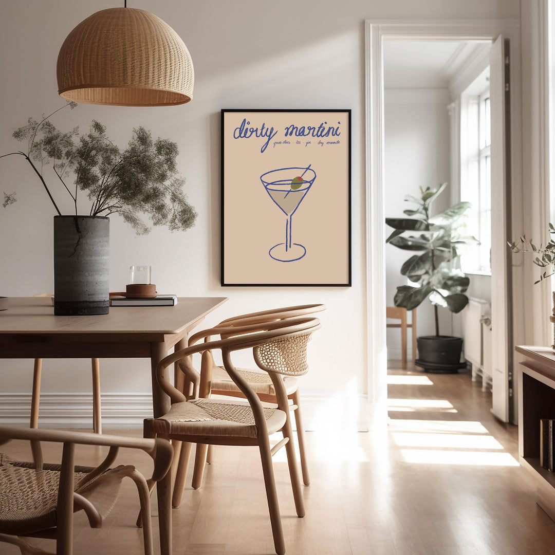 Dirti Martini Recipe Bar Art by Lucia Sankovic,dining room,timber border