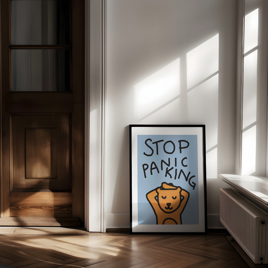 Stop Panicking Bear Wall Art Print,living room,black border