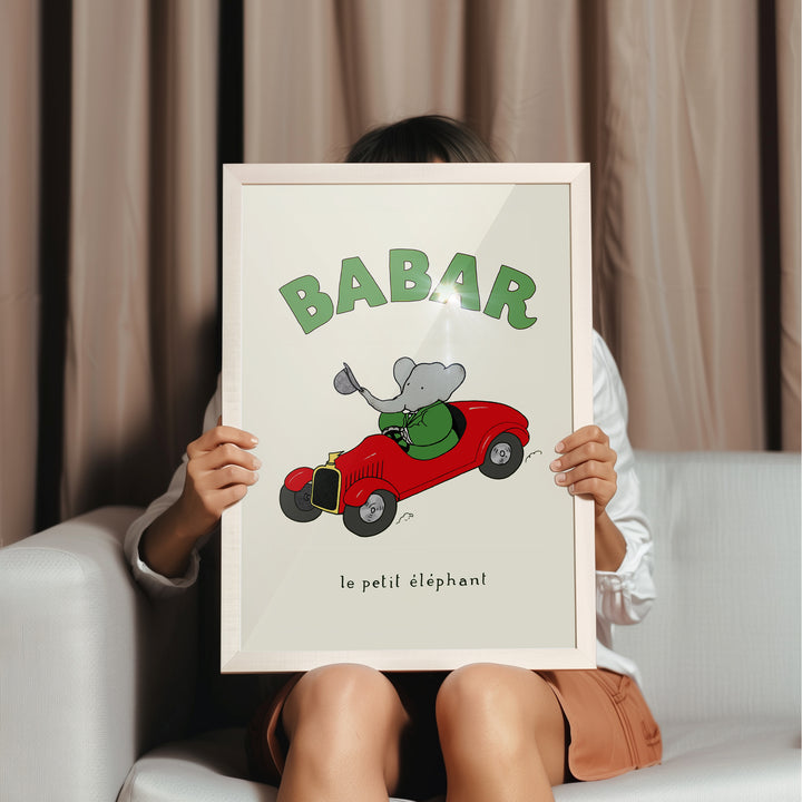 Babar Green Le Petit Elephant Nursery Print,bedroom,living room,timber border