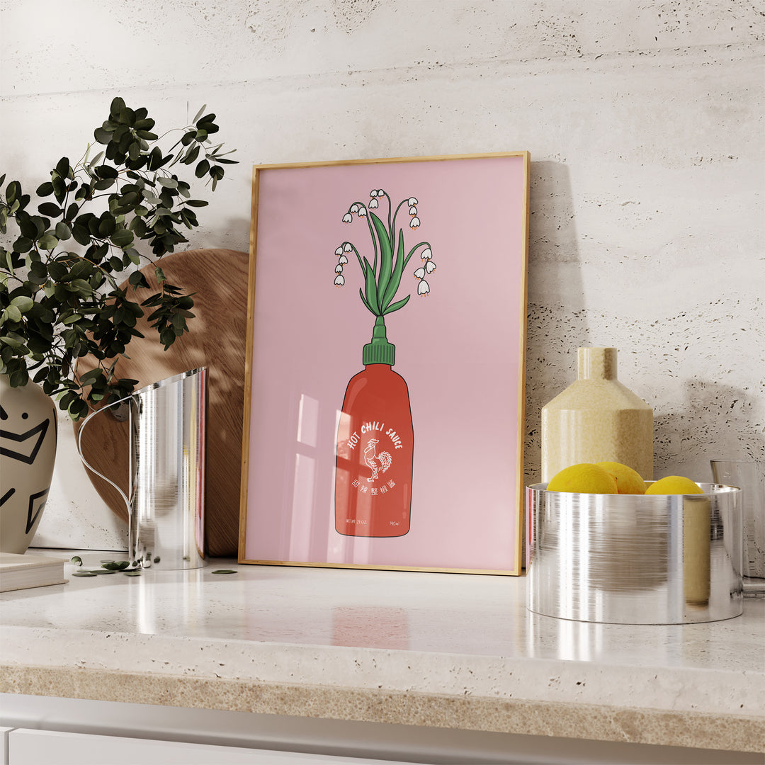 Flower Hot Sauce Kitchen Print by Lucia Sankovic,dining room,kitchen,timber border