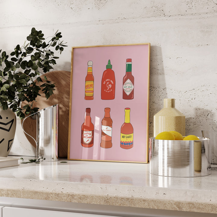 Collection of Hot Sauces Art by Lucia Sankovic,kitchen,timber border 