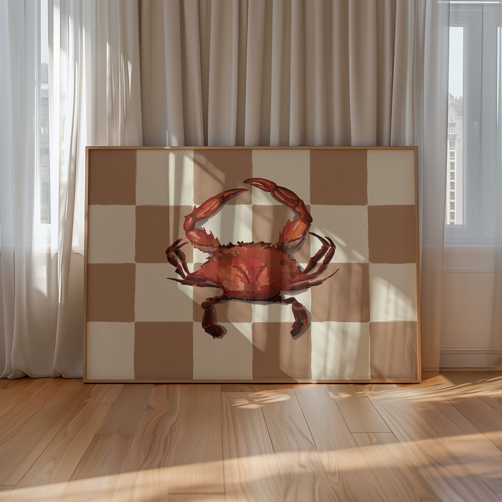 Beige Checkered Crab Wall Art,gallary wall,living room,timber border