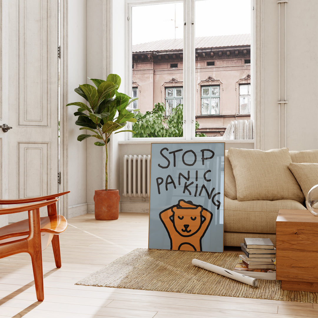 Stop Panicking Bear Wall Art Print,living room,timber border