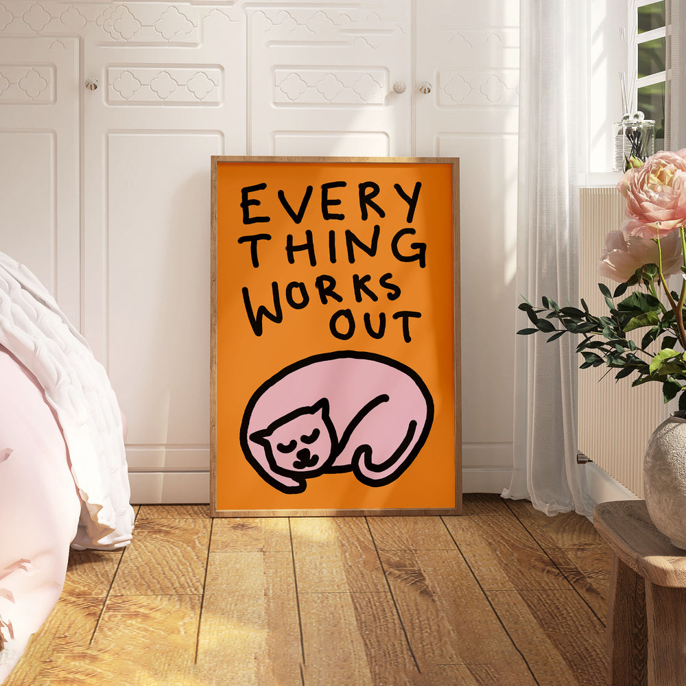 Everything Works Out Cat Sleeping Print,bedroom,timber border