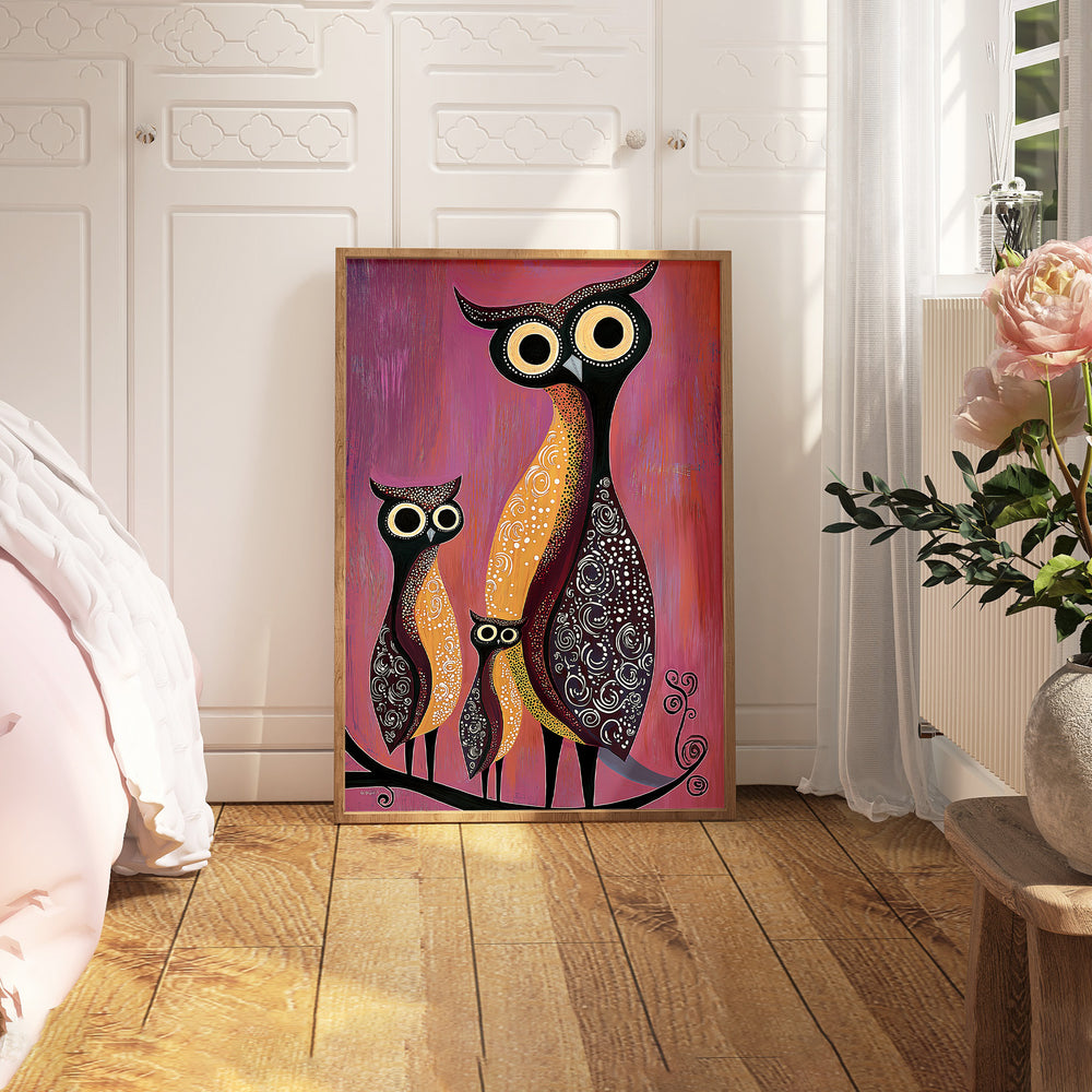 Owl Oil Illustration Kids Prints,bedroom,timber border