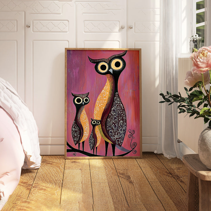 Owl Oil Illustration Kids Prints,bedroom,timber border