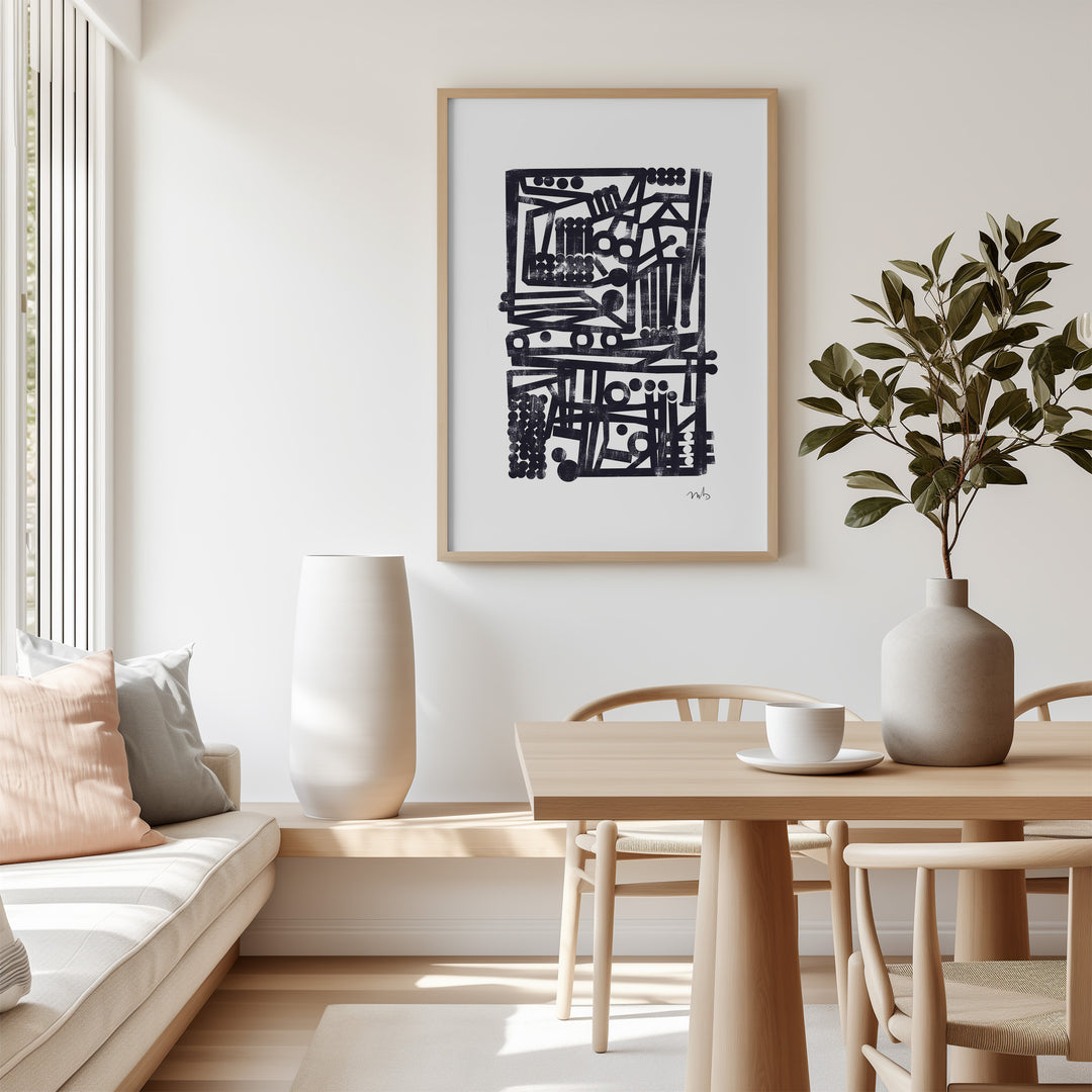 Crammed Maze Abstract Portrait Print by Maison ,dining room,bedroom,timber border