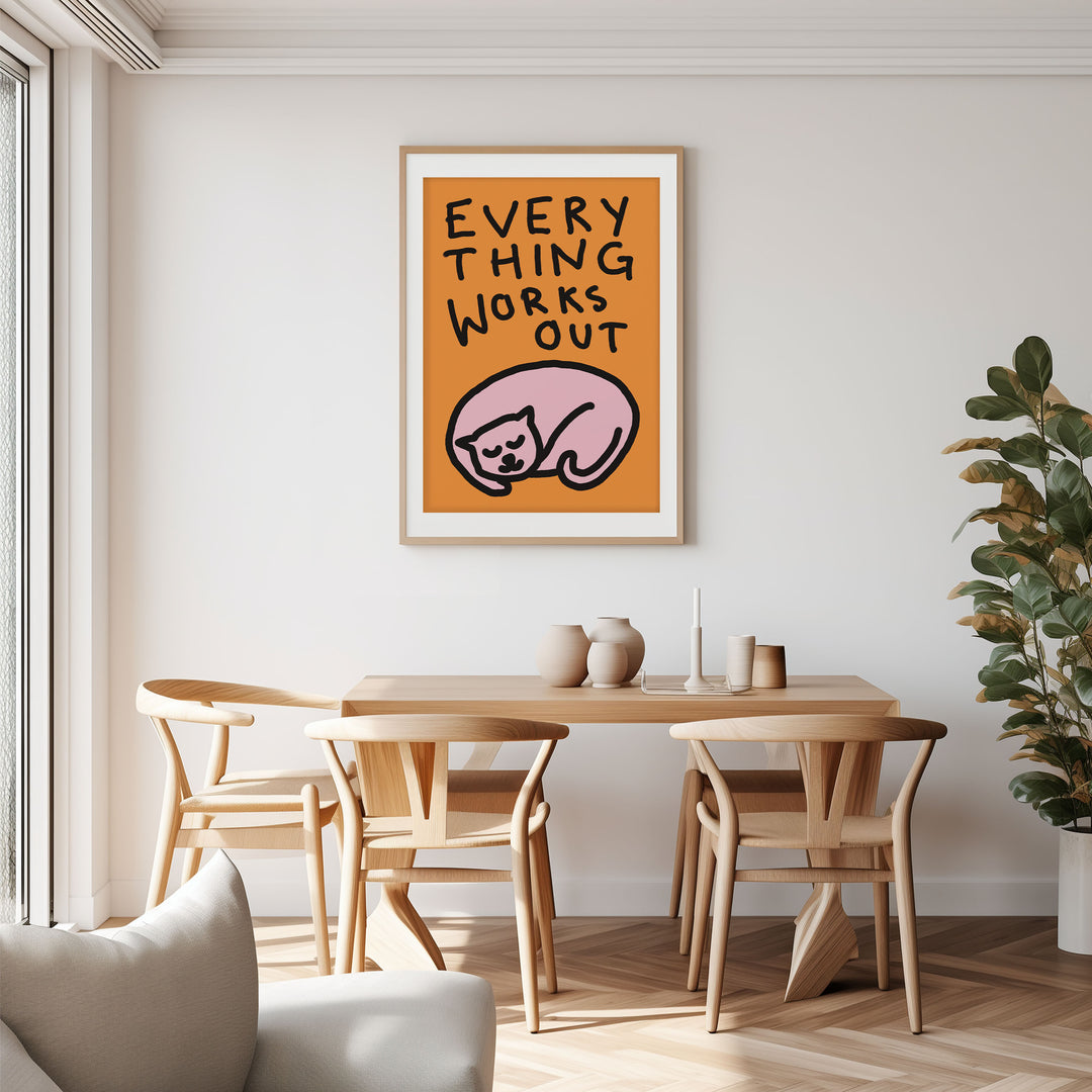 Everything Works Out Cat Sleeping Print,dinning room,timber border