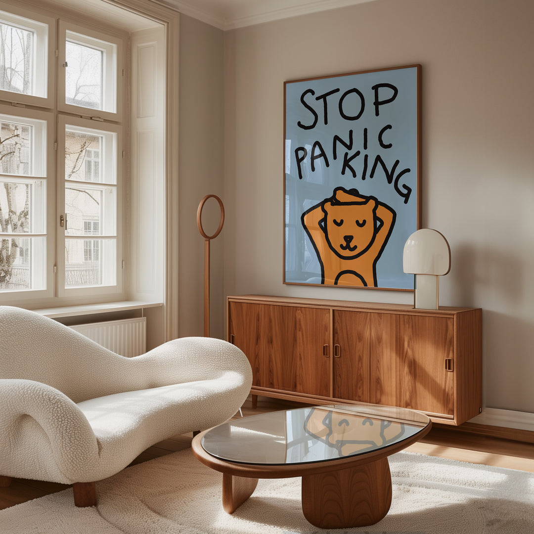 Stop Panicking Bear Wall Art Print,living room,timber border