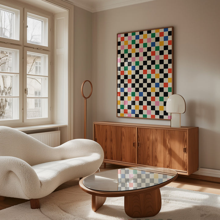 Coloured Tiles Matrix Print,living room,timber border