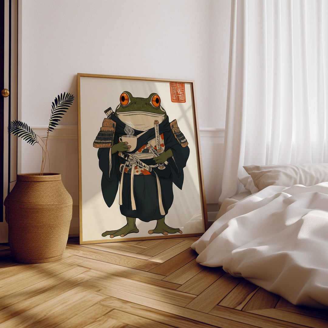 Japanese Frog Samurai Coffee Break Vintage Print,living room,timber border