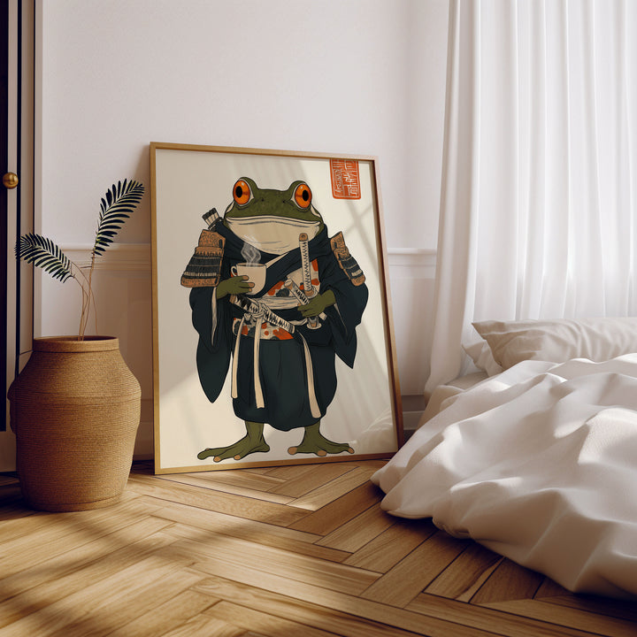 Japanese Frog Samurai Coffee Break Vintage Print,living room,timber border