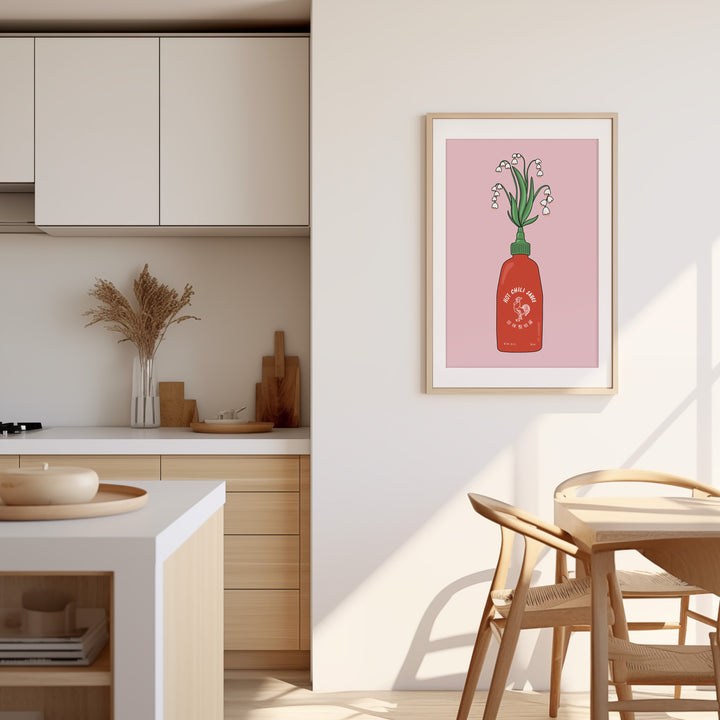 Flower Hot Sauce Kitchen Print by Lucia Sankovic,dining room,timber border