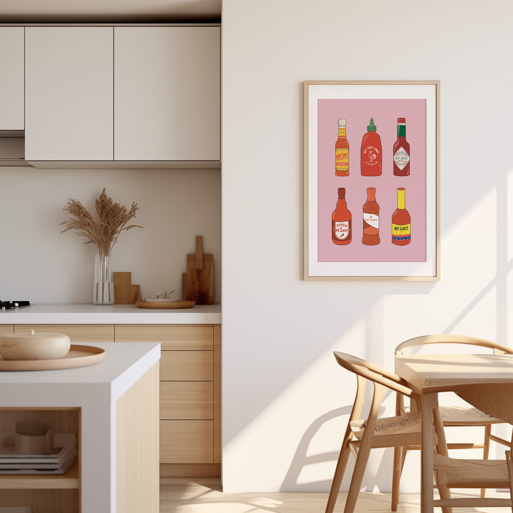 Collection of Hot Sauces Art by Lucia Sankovic,dinning room,kitchen,timber border