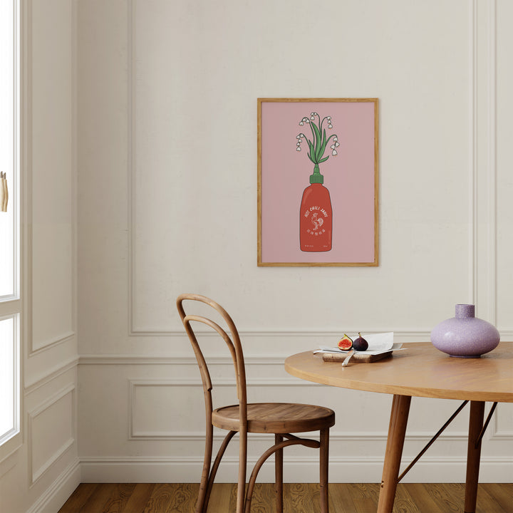 Flower Hot Sauce Kitchen Print by Lucia Sankovic,dining room,timber border