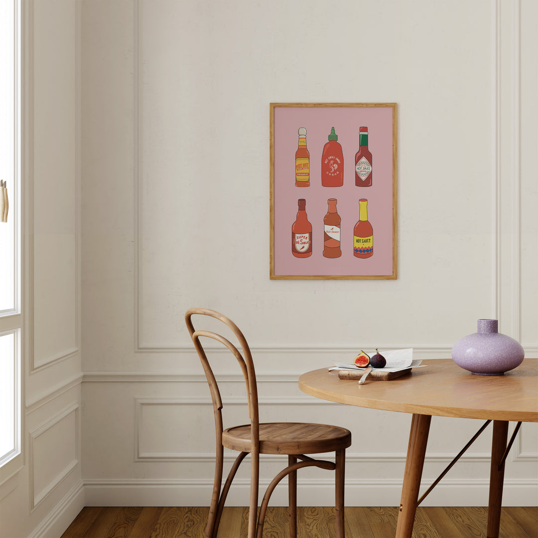 Collection of Hot Sauces Art by Lucia Sankovic,dinning room,timber border