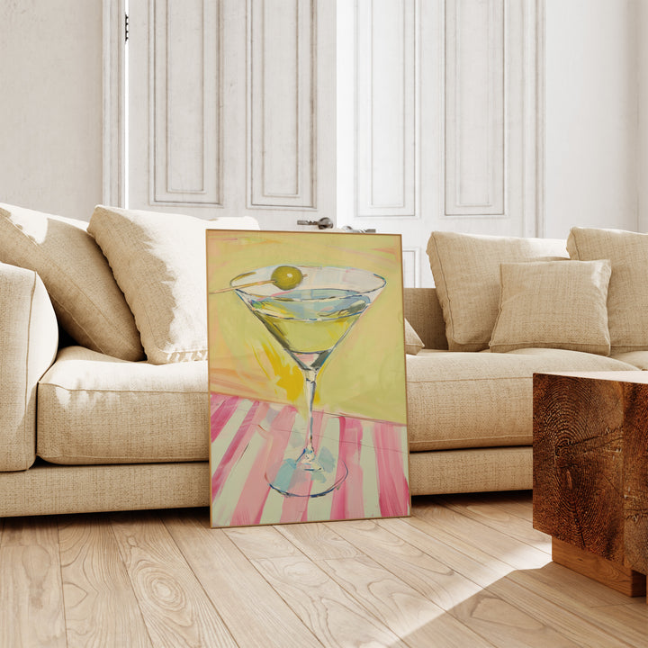 Martini Olive Pink Table Wall Art Painting,living room,timber border