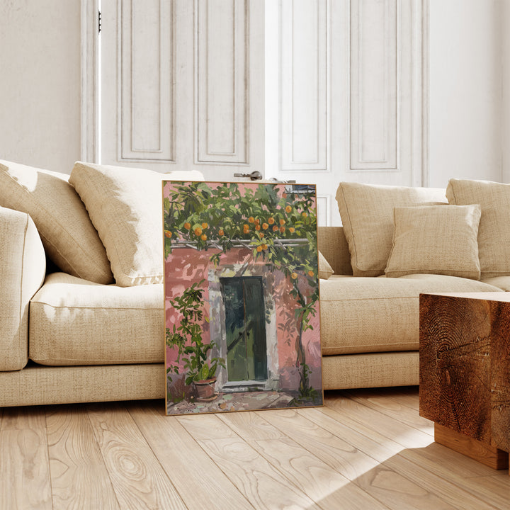 Lemon Green Door Archway Oil Painting,living room,timber border