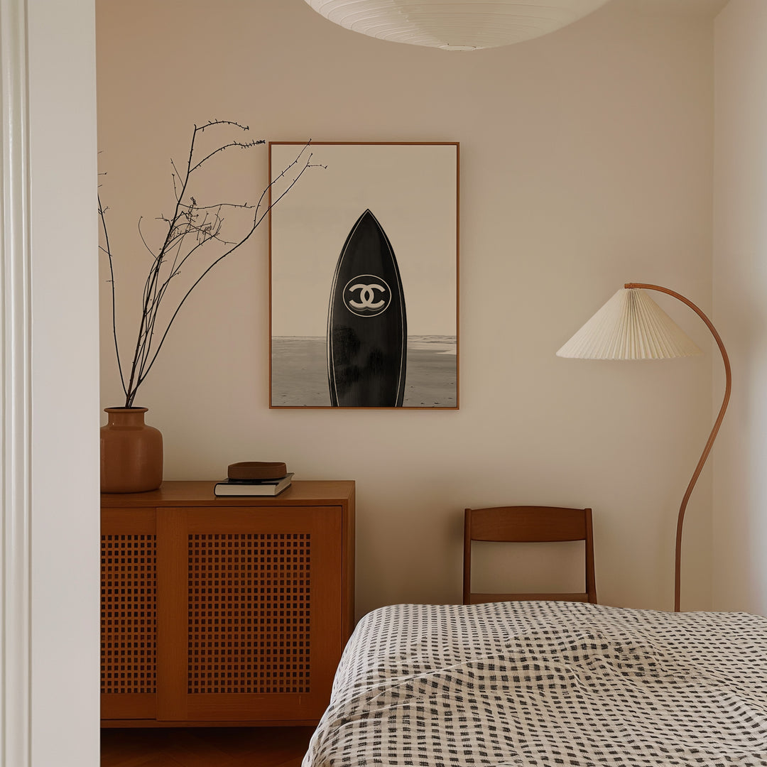 Chanel Surfboard Beach Photograph Print,bedroom,timber border